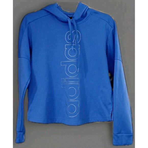 Adidas Cropped Hoodie S Blue Vertical Logo Athleisure Training Pullover EUC - Picture 1 of 8